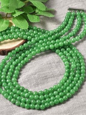 NWOT Green Jade Beaded Multi Strand Necklace 18” in Sterling Silver